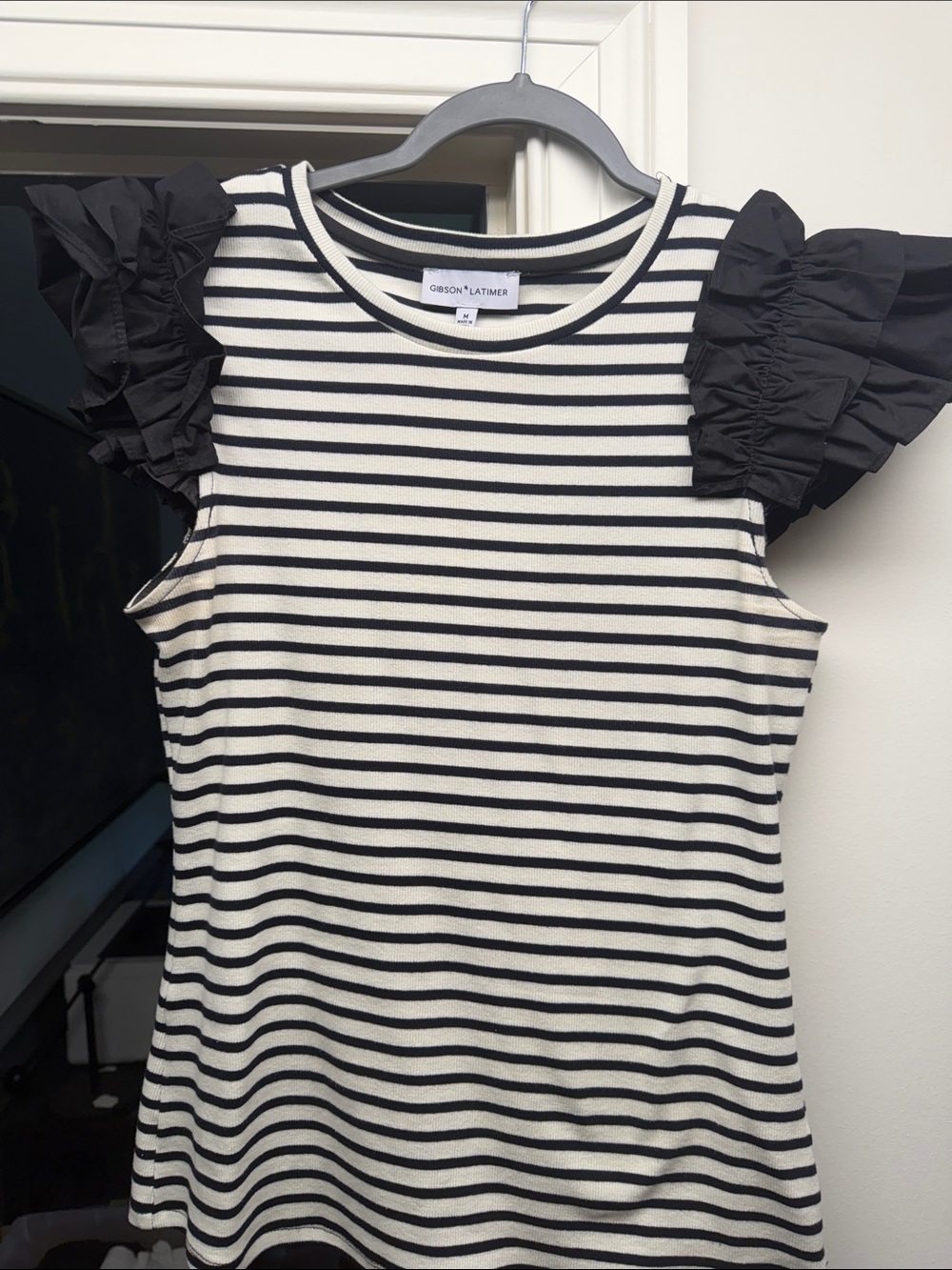 Gibson Latimer Black & White Striped Tank with Ruffle Sleeves